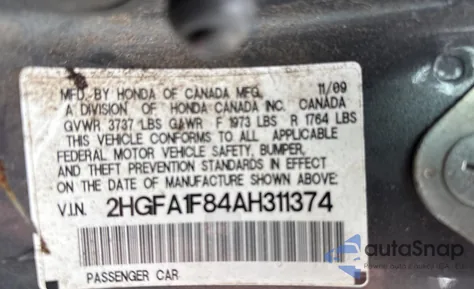 2010 Honda Civic Ex из США, поврежденный, VIN 2HGFA1F84AH311374